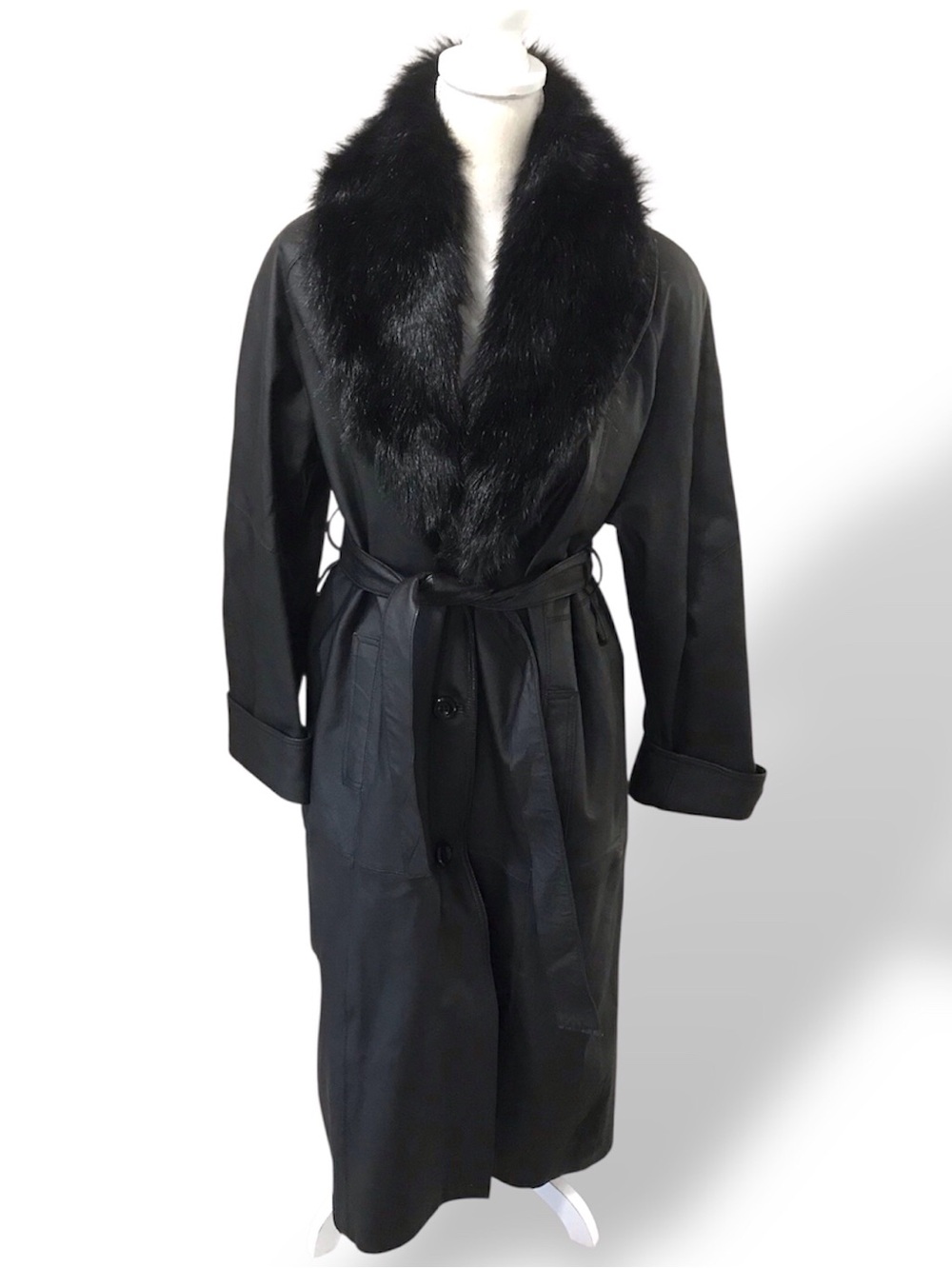 NWT Black Faux-Fur Collar Leather Trench Coat
